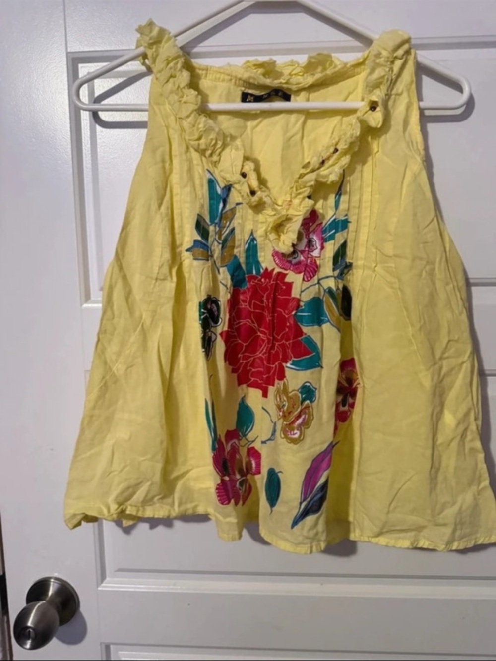 Yellow Floral Ruffle-Trim Sleeveless Camisole